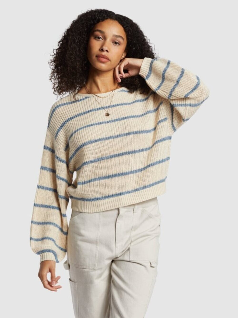 Billabong Striped Knit Crewneck Sweater Jumper - Cream/Blue - Size Large